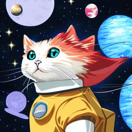 Image similar to an anime cat wearing a space suit, award winning digital art