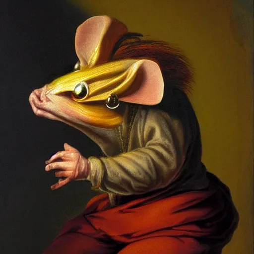 Prompt: flame rat portrait, baroque painting, rat with an onion head