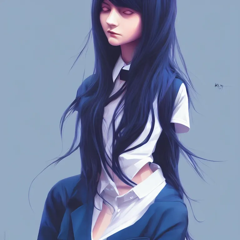 Image similar to urban high school girl in shirt fanart, dark blue long hair, muted colors, matte print, pastel colors, ornate, digital art, digital painting, fan art, elegant, artstation, by Ilya Kuvshinov