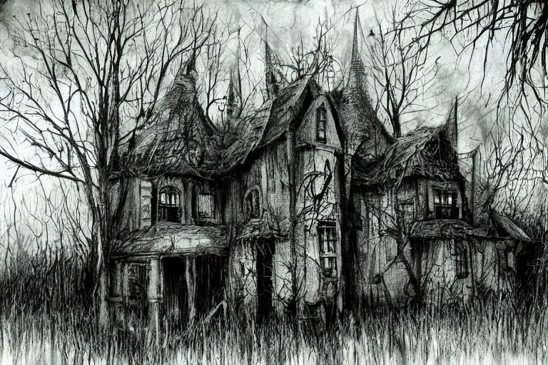 Prompt: mad horror painting of a modern witch house in the woods by ben templesmith