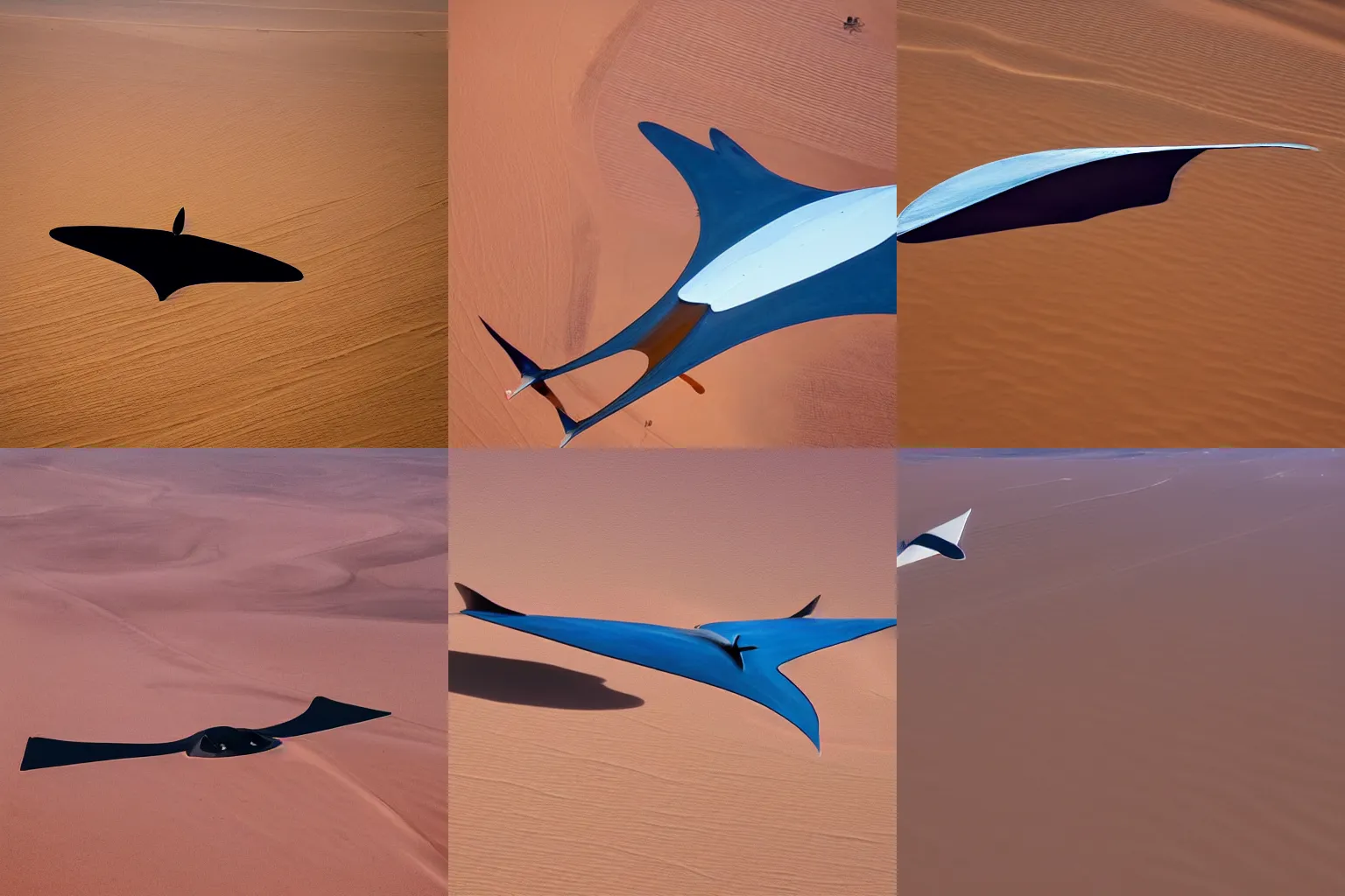 Prompt: An airplane looks like a manta ray flying over the desert