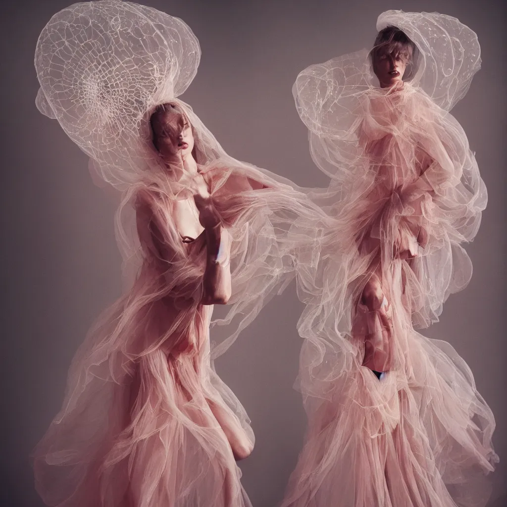 Image similar to Fashion photography of a woman wearing a dress inspired by a jellyfish, artistic photography, insanely detailed, chiaroscuro, cinestill 800t, Vogue magazine