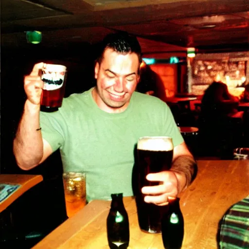 Prompt: doomguy drinking beer in a bar, analog photography, 9 0 s