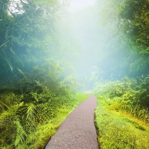 Image similar to an expansive view of a path leading to a futuristic containment building in a forested valley and lush mountains in the distance, tropical, national geographic, hyper realistic, 4 k, hazy light