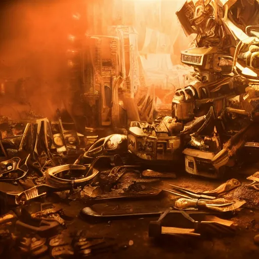 Image similar to cutlery mecha, dark messy smoke - filled cluttered workshop, dark, dramatic lighting, orange tint, cinematic, highly detailed, sci - fi, futuristic, movie still