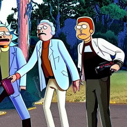 Image similar to Rick and Morty fighting doc and Marty from Back to the future, as real life people. Photograph.