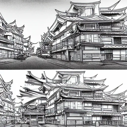 Image similar to highly detailed sketch of a distorted japanese neighborhood in the style of kim jung gi