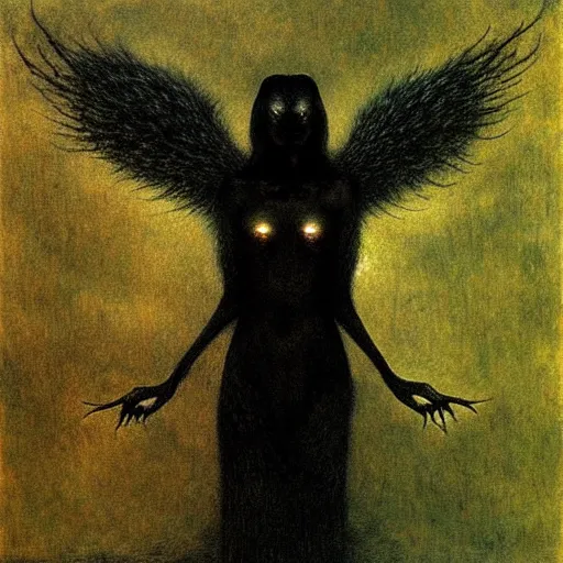 Image similar to werewolf girl with black wings by Beksinski