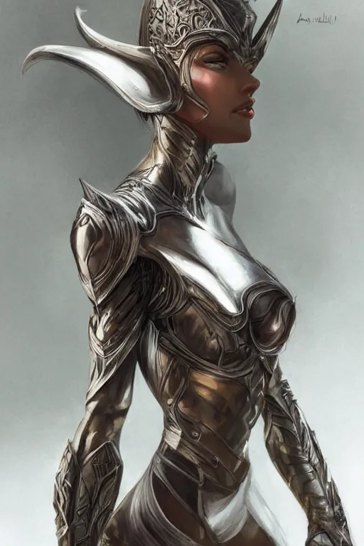 Image similar to three-quarters pose of a beautiful woman, slim body, shining armor, elf warrior, fantasy, intricate, elegant, highly detailed, digital painting, artstation, concept art, matte, sharp focus, illustration, art by Artgerm and Peter Andrew Jones