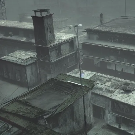 Prompt: playstation 5 screenshot of silent hill, overhead view, crazy high definition, wow, breathtaking, amazing, gorgeous