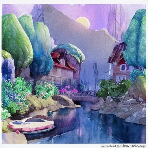 Image similar to Beautiful happy picturesque charming sci-fi town in harmony with nature. Beautiful light. Water and plants. Nice colour scheme, soft warm colour. Beautiful detailed artistic watercolor by Lurid. (2022)