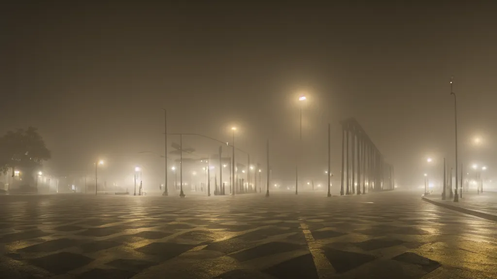 Image similar to photograph of a foggy latin american city at night by henri prestes, 4 k resolution