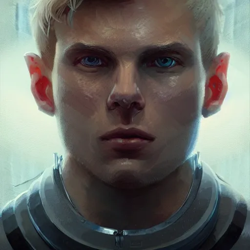 Image similar to portrait of a man by greg rutkowski, he is about 3 0 years old, short blond hair, athletic and strong, straight jaw, looking puzzled, wearing futuristic space gear, highly detailed portrait, digital painting, artstation, concept art, smooth, sharp foccus ilustration, artstation hq.