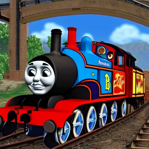 Image similar to thomas the tank engine in the video game twisted metal.