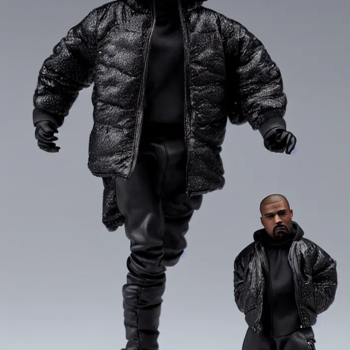 Prompt: a action figure of kanye west using full face - covering black mask with small holes. a small, tight, undersized reflective bright black round puffer jacket made of nylon. a shirt underneath. black jeans pants. a pair of big black rubber boots, figurine, detailed product photo, 4 k, realistic, acton figure, studio lighting, professional photo