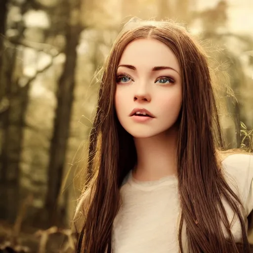 Image similar to real life photo of a beautiful girl, full body photoshoot, long brown hair, brown eyes, full round face, short smile, belly free, long sleeved belly free brown shirt, forest setting, cinematic lightning, medium shot, mid - shot, highly detailed, trending on artstation, unreal engine 4 k, 8 0 mm, 8 5 mm, cinematic wallpaper