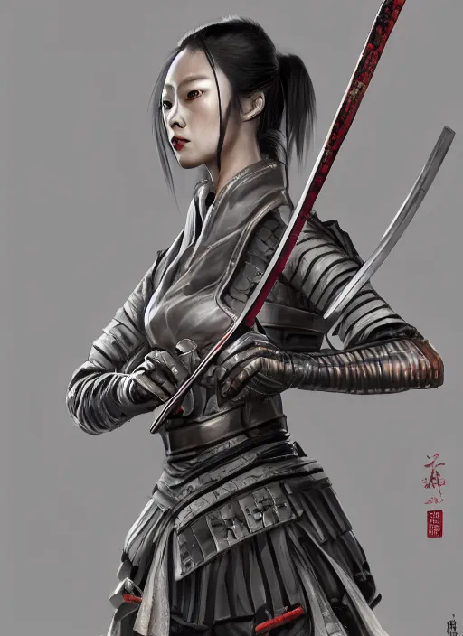 Image similar to samurai girl with katana in future dystopia, fantasy, medieval, vivid colors, fantasy, elegant, concept art, sharp focus, beautiful face, digital art, Hyper-realistic, 4K, unreal Engine, Highly Detailed, HD, Dramatic Lighting by Brom, trending on Artstation
