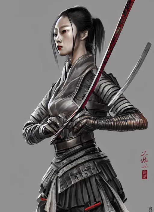 Prompt: samurai girl with katana in future dystopia, fantasy, medieval, vivid colors, fantasy, elegant, concept art, sharp focus, beautiful face, digital art, Hyper-realistic, 4K, unreal Engine, Highly Detailed, HD, Dramatic Lighting by Brom, trending on Artstation