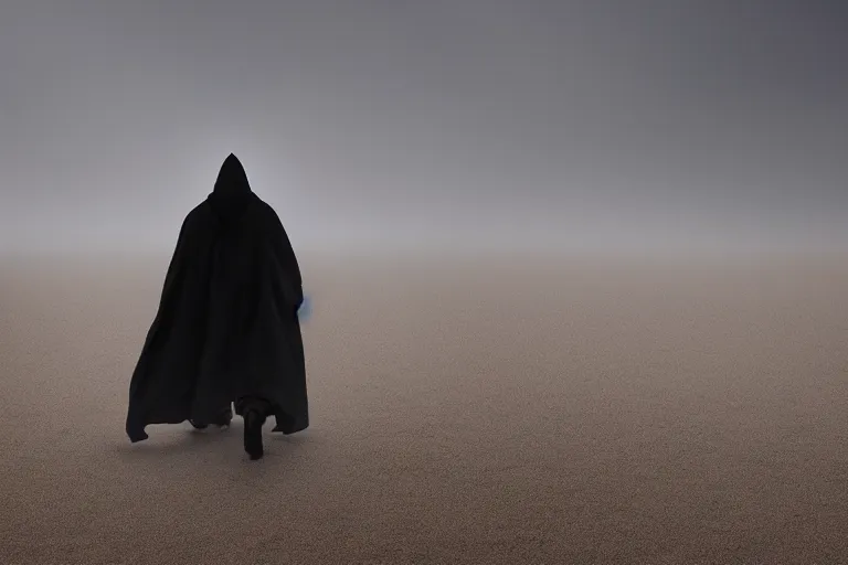 Image similar to mysterious figure in striking cloak walking through sandstorm in desolate desert, buried city, global illumination, hyper - realistic, insanely detailed and intricate, cinematic 8 k