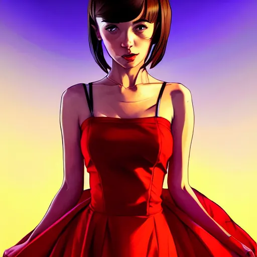 Image similar to portrait of cute girl in a red dress, gta v cover art, borderlands style, celshading, sharp focus, intricate, detailed, by rhads, andreas rocha, rossdraws, makoto shinkai, laurie greasley, lois van baarle, ilya kuvshinov and greg rutkowski, dynamic lighting, sharp focus, grunge aesthetic, 4 k