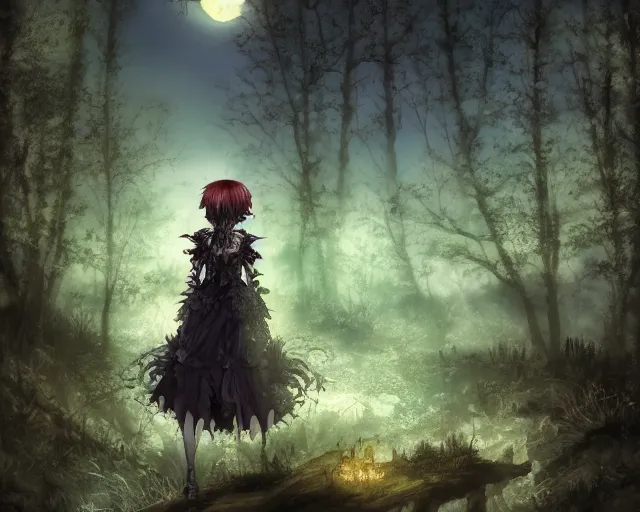 Image similar to goth woman in a moonlight view, in a forest, a river, tankoban, 4 k, tone mapping, akihiko yoshida, james jean andrei riabovitchev marc simonetti, yoshitaka amano, long hair, curly, h. hydrochaeri