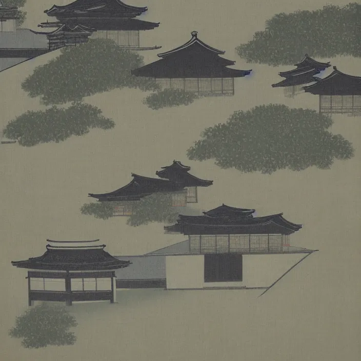 Prompt: a building in a serene landscape, traditional japanese painting