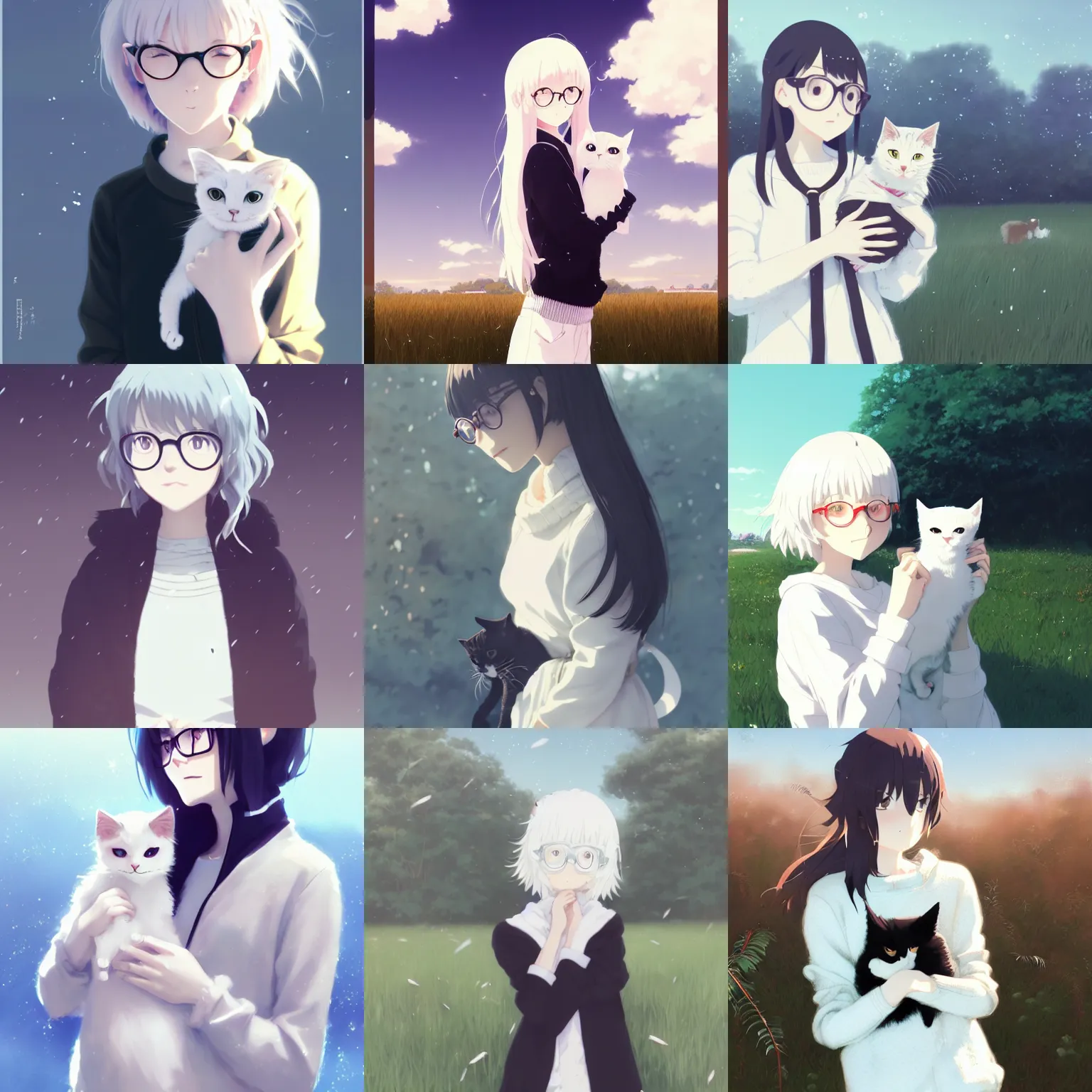 Prompt: cute girl holding cat in hands white white pale hair white white pale hair white white pale hair in black sweater black glasses standing full body field background by greg rutkowski makoto shinkai kyoto animation key art feminine wlop smile