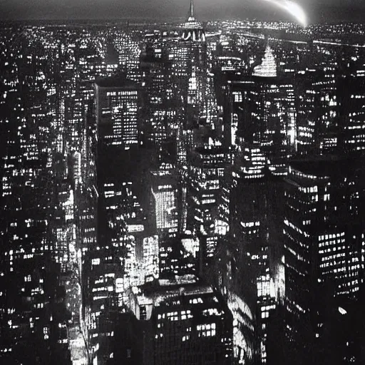 Image similar to a photograph of a ufo above new york taken by a phone camera, black and white