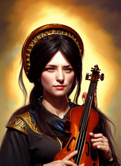 Image similar to a _ fantasy _ style _ portrait _ painting _ of female charismatic bard playing instrument, rpg dnd oil _ painting _ unreal _ 5 _ daz. _ rpg _ portrait _ extremely _ detailed _ artgerm _ greg _ rutkowski _ greg