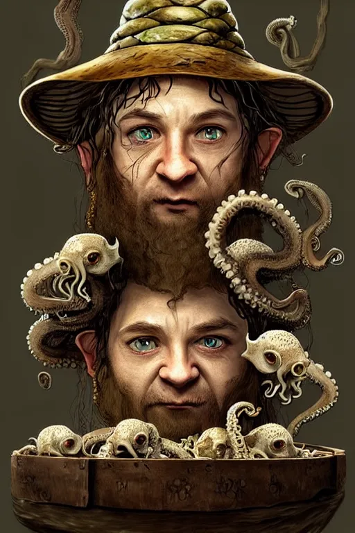 Prompt: dirty faced and very happy hobbit looking the table full of fook, hobbit is wearing a hat made of octopuss, fantasy, intricate, elegant, highly detailed, digital painting, artstation, concept art, addiction, chains, smooth, sharp focus, illustration, art by Ilja Repin