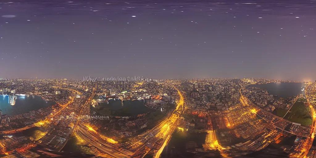 Prompt: Night view of mumbai suburb. 3d spherical panorama with 360 viewing angle ready for virtual reality or vr. full equirectangular projection. sightseeing. full moonlit sky