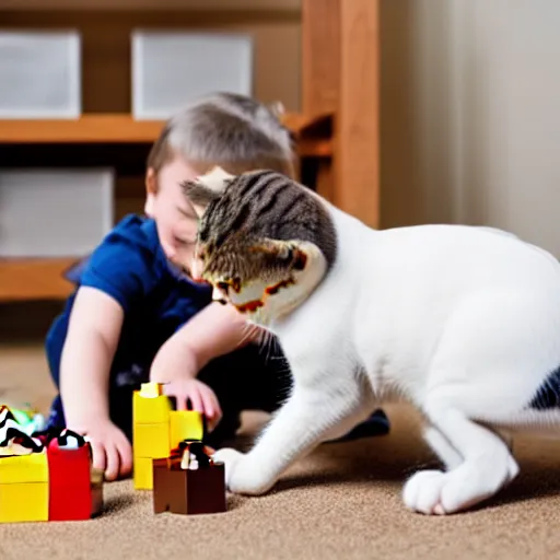Prompt: a brown and white cat and a kid playing with Lego