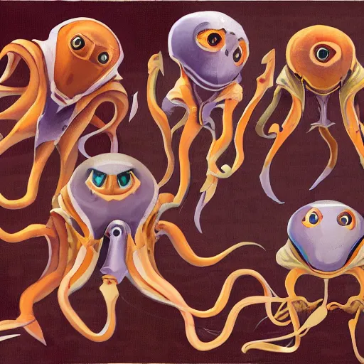 Prompt: a council of humanoid squids