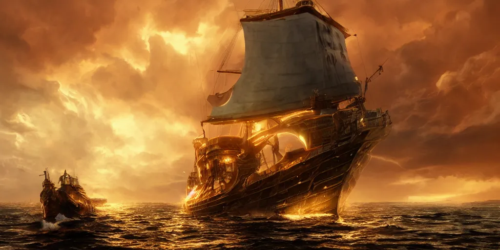 Prompt: portrait of a ship on the sea, on the ship is a medieval woman ship pilot from behind , dramatic golden neon sunset with wall of storm clouds, wearing shiny breastplate, octane render, dynamic lighting, hyperrealistic, artstation