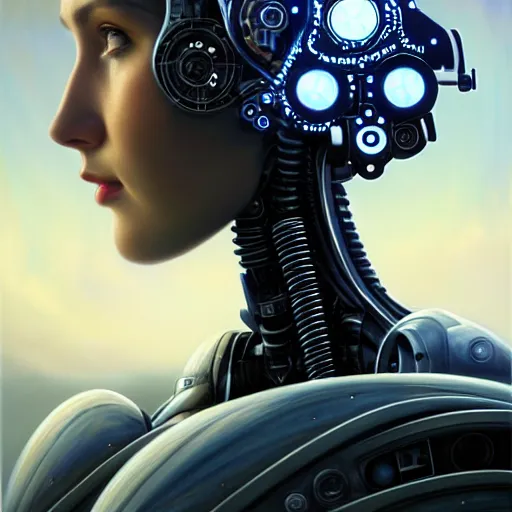 Prompt: portrait of the beautiful young robotic pilot of jets, surreal, fantasy, intricate, mechanical, elegant, dramatic lighting, emotionally evoking symbolic metaphor, highly detailed, gears, lifelike, photorealistic, digital painting, painterly, artstation, concept art, smooth, head in focus, sharp focus, background aerial battle, illustration, art by John Collier and Krenz Cushart and Artem Demura and Alphonse Mucha and Albert Aublet,