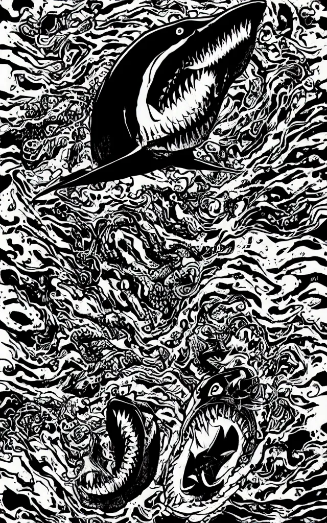 Prompt: Sharknado in the style of junji ito, manga, horror, spirals, faces, sharks