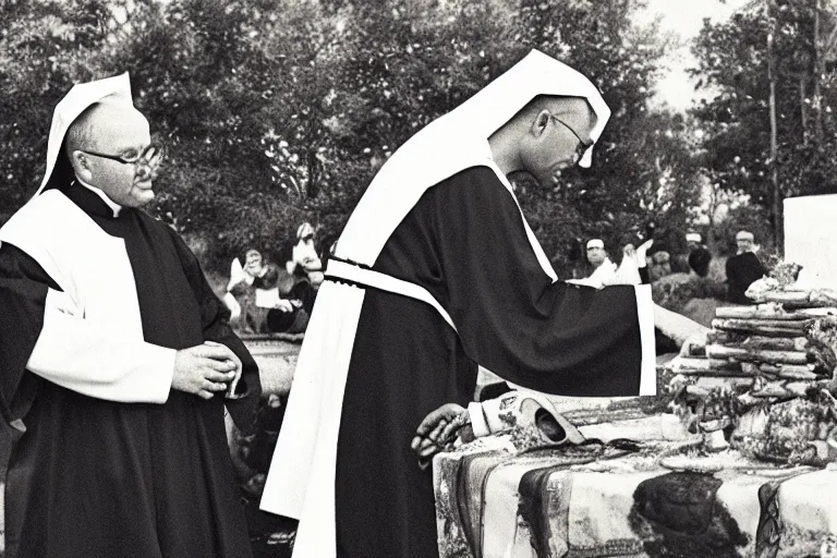 Prompt: catholic priest blessing a pile of illicit substances