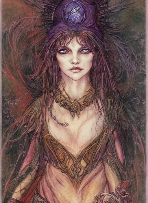 Image similar to portrait of young female sorceress of the endtimes, beautiful! coherent! dungeons and dragons character, by brian froud, strong line, night color, high contrast