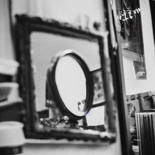 Image similar to photograph of mirror on a vintage shop, inside the mirror a reflection of an old lady smiling, black and white, 3 5 mm