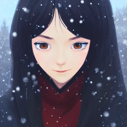 Image similar to portrait of teen girl with long black hair and bangs, detailed facial features, beautiful face, snowy winter village in the background, digital painting, artstation, highly detailed, by makoto shinkai and thomas kindle and James gilleard