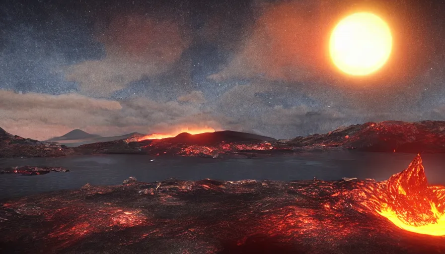 Image similar to volcano at night, island in front of the full moon, shimmering stars, moody atmosphere, glowing lava, water, unreal engine, realistic shading, realistic render, octane render, detailed textures, photorealistic, wide shot