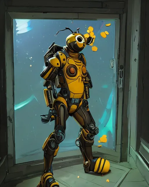 Image similar to a humanoid bee standing in his home in front of the door behance hd artstation by jesper ejsing, by rhads, makoto shinkai and lois van baarle, ilya kuvshinov, ossdraws, that looks like it is from borderlands and by feng zhu and loish and laurie greasley, victo ngai, andreas rocha