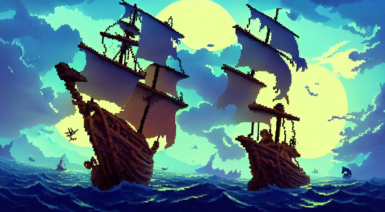 Prompt: Pixelart of a ghost pirate ship with Jolly Roger flag in the ocean, volumetric lighting, digital pixel art, pixiv, official fanart behance hd by Jesper Ejsing, by RHADS, Makoto Shinkai and Lois van baarle, ilya kuvshinov, rossdraws global illumination