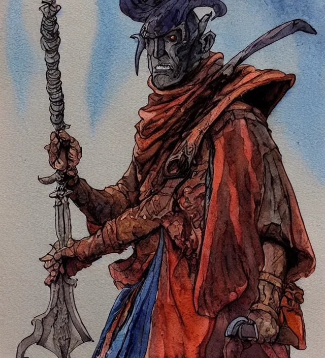 Image similar to a watercolor ink painting of a tiefling sorcerer holding an executioner's sword in the style of jean giraud in the style of moebius trending on artstation deviantart pinterest detailed realistic hd 8 k high resolution