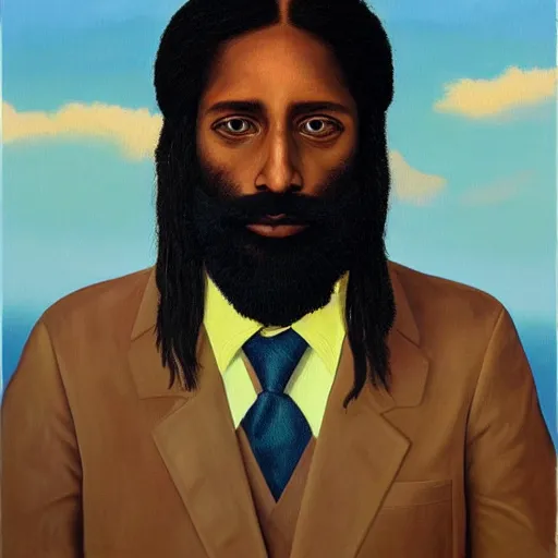 Prompt: a painting of a man with long hair and a beard, a character portrait by barkley hendricks, featured on deviantart, neo - primitivism, art, oil on canvas, masterpiece