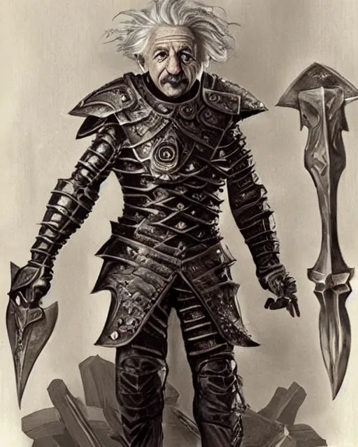 Image similar to albert einstein wearing daedric armor wielding a daedric battleaxe d & d detailed photo photorealistic