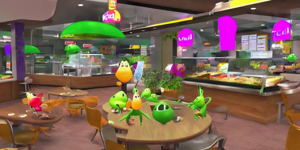 Prompt: pikmin inside of taco bell, realistic, found footage