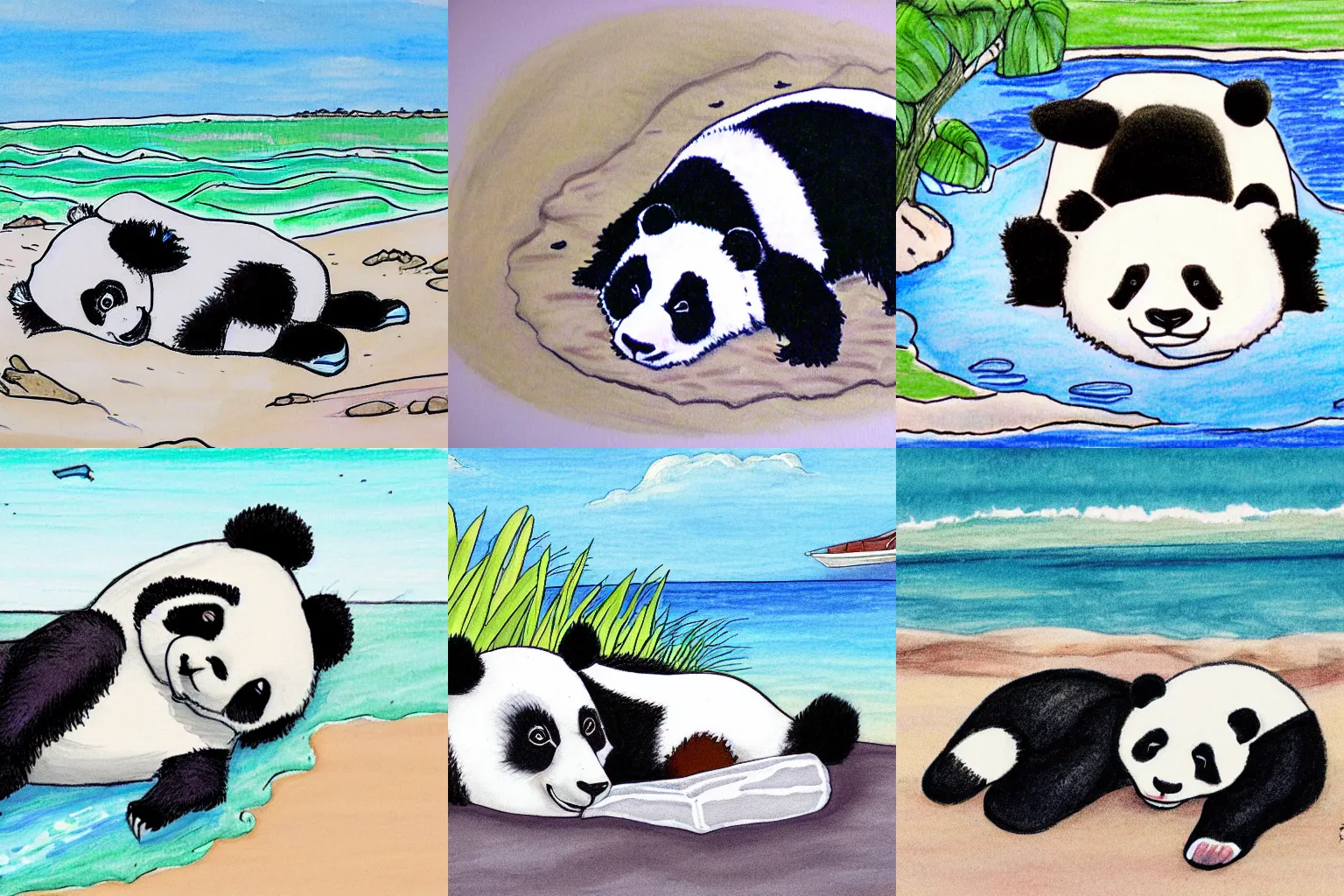 Prompt: panda lying at the beach drawn by mr doodles