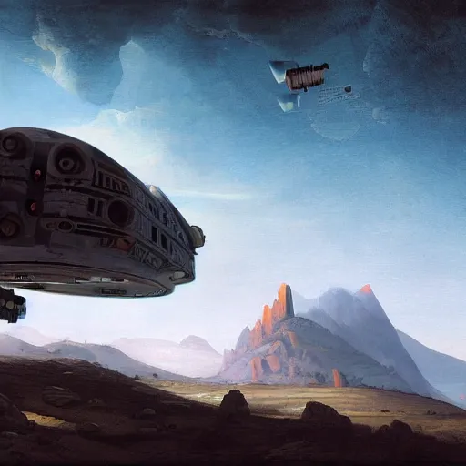 Image similar to derelict spacecraft sticking out from a mountain, painted by Raphael Lacoste