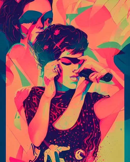 Prompt: an ultradetailed beautiful concert poster of a stylish woman with colorful band aids, retro, conrad roset, greg rutkowski, flume cover art, 8 0 s